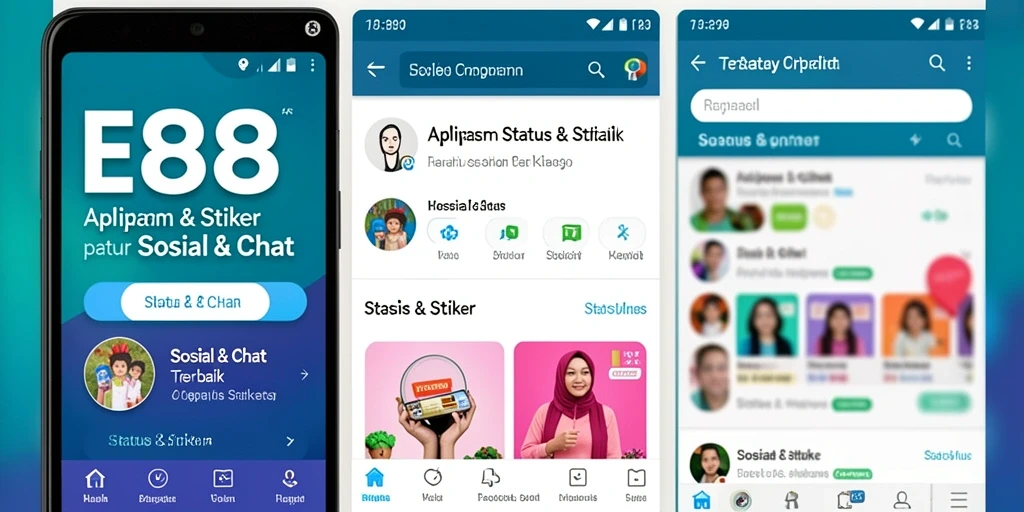 Screenshot aplikasi E88 menampilkan berbagai stiker dan status yang menarik.